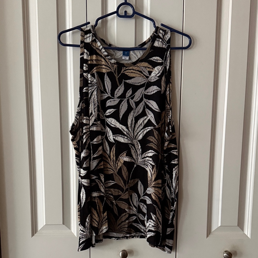 Old Navy Black Tank Top with Brown & White Leaf Print